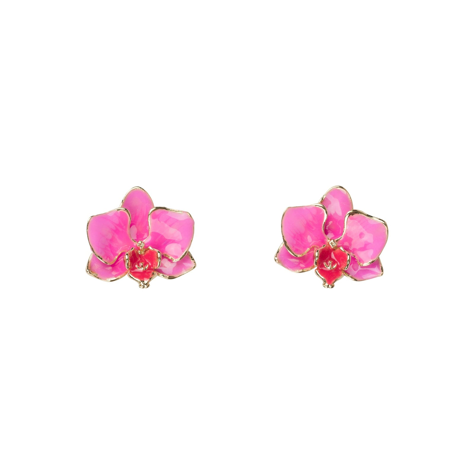 Pair of pink orchid-shaped earrings on a white background