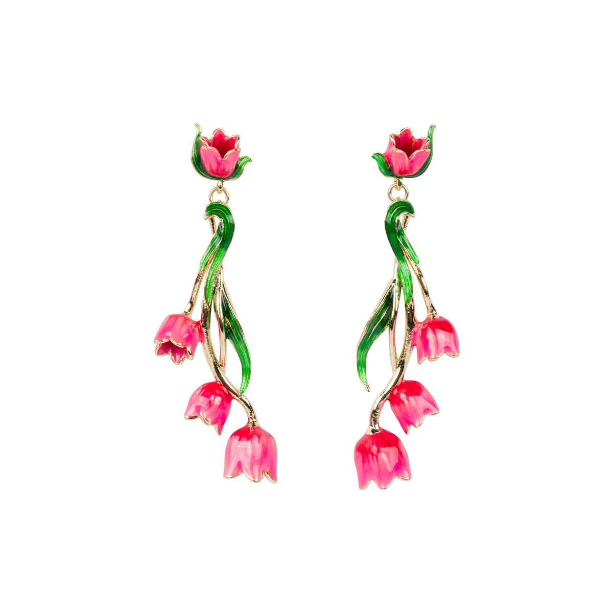 A pair of dangle earrings shaped like pink tulip flowers on a white background