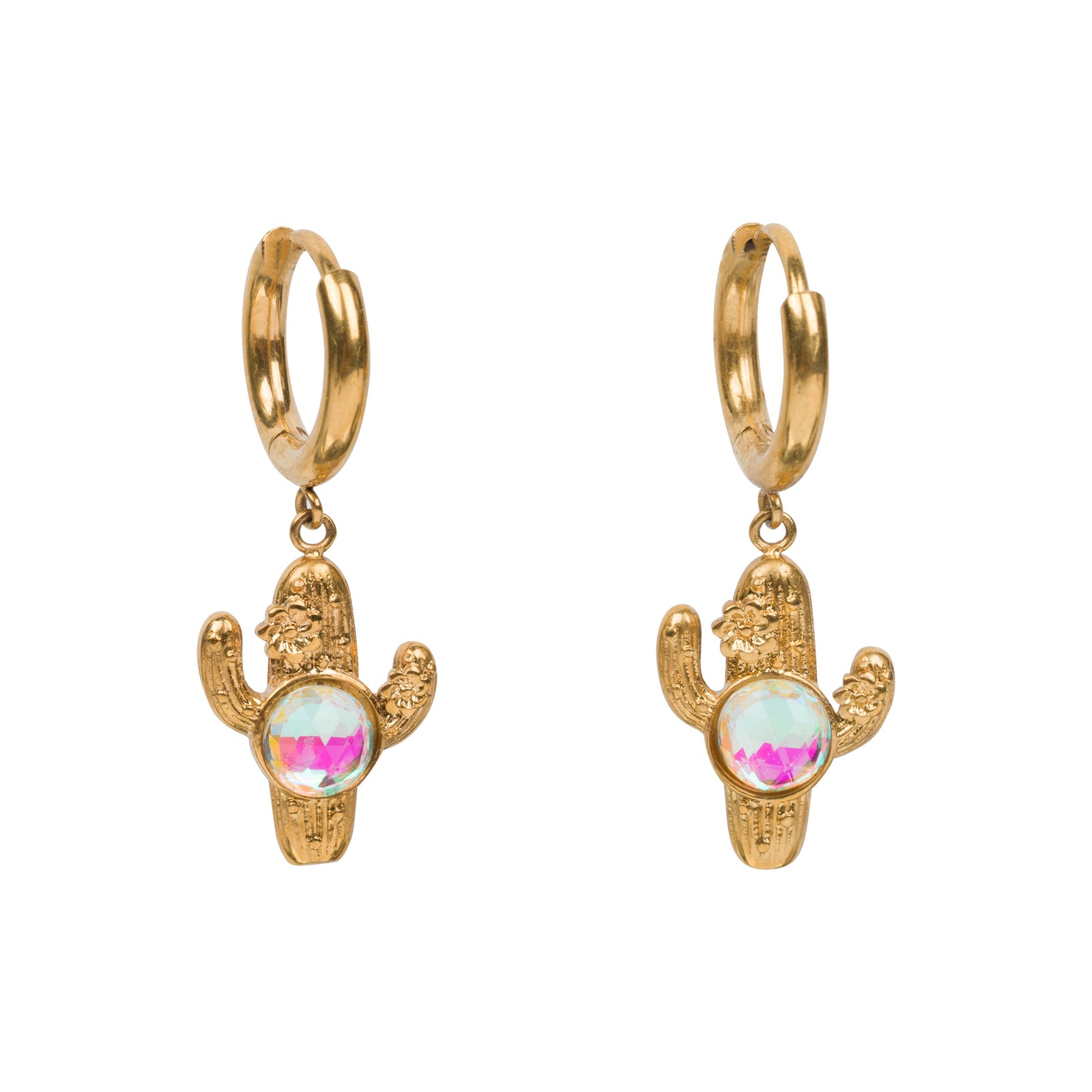 A pair of gold cactus dangle earrings with round green gemstone accents, shown against a plain white background.