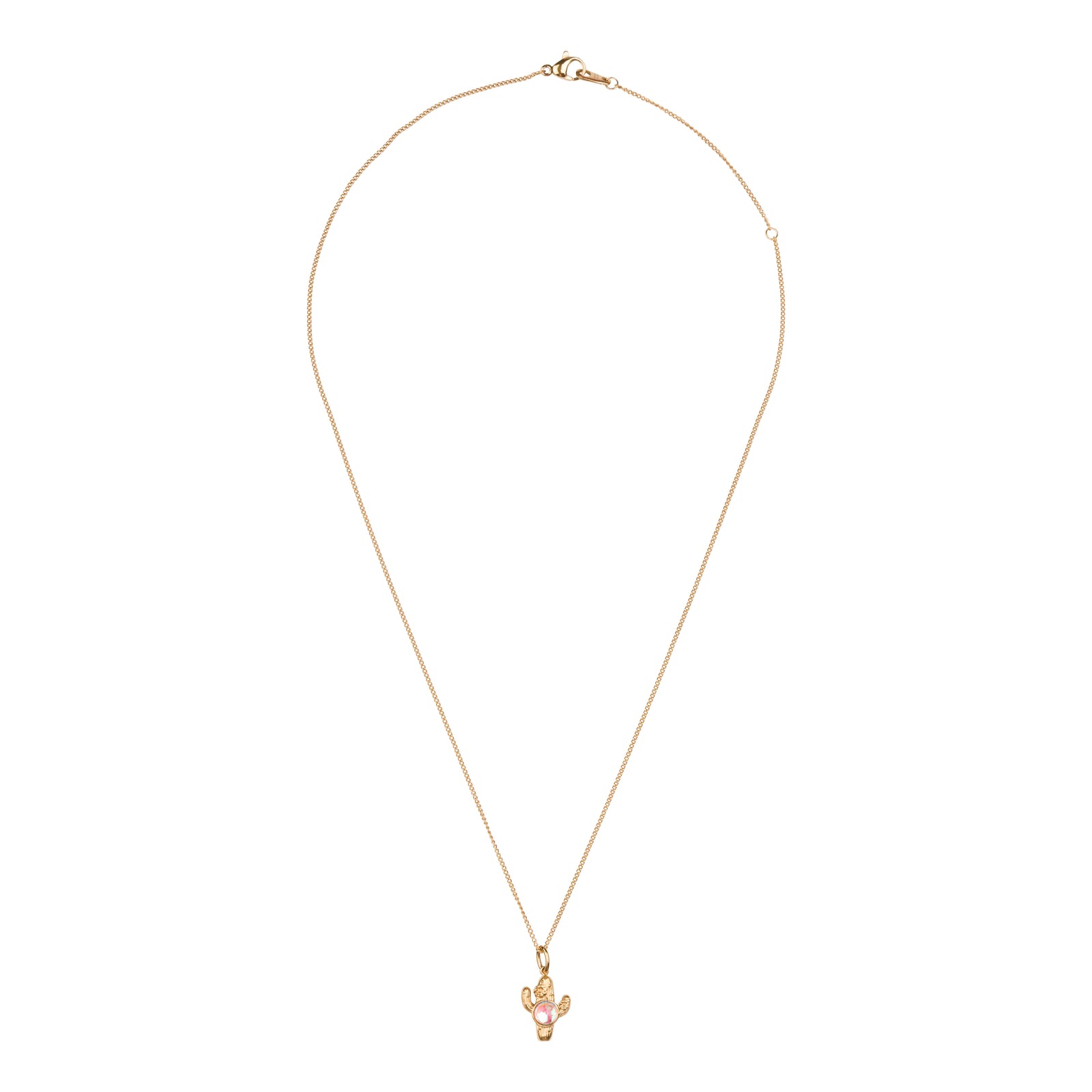 A gold cactus pendant necklace featuring a round, vibrant green gemstone at the center, suspended from a delicate gold chain against a plain white background.