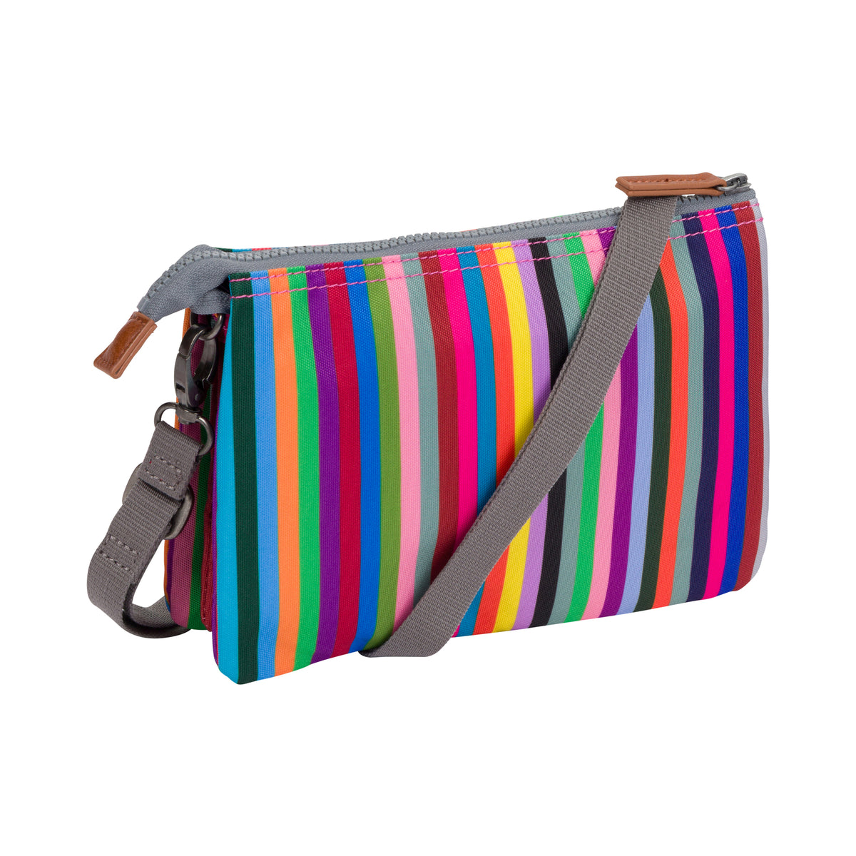 A vertical striped crossbody pouch bag with a multicolor pattern of pink, orange, yellow, green, blue, and purple stripes, featuring a gray adjustable shoulder strap and brown leather accents.