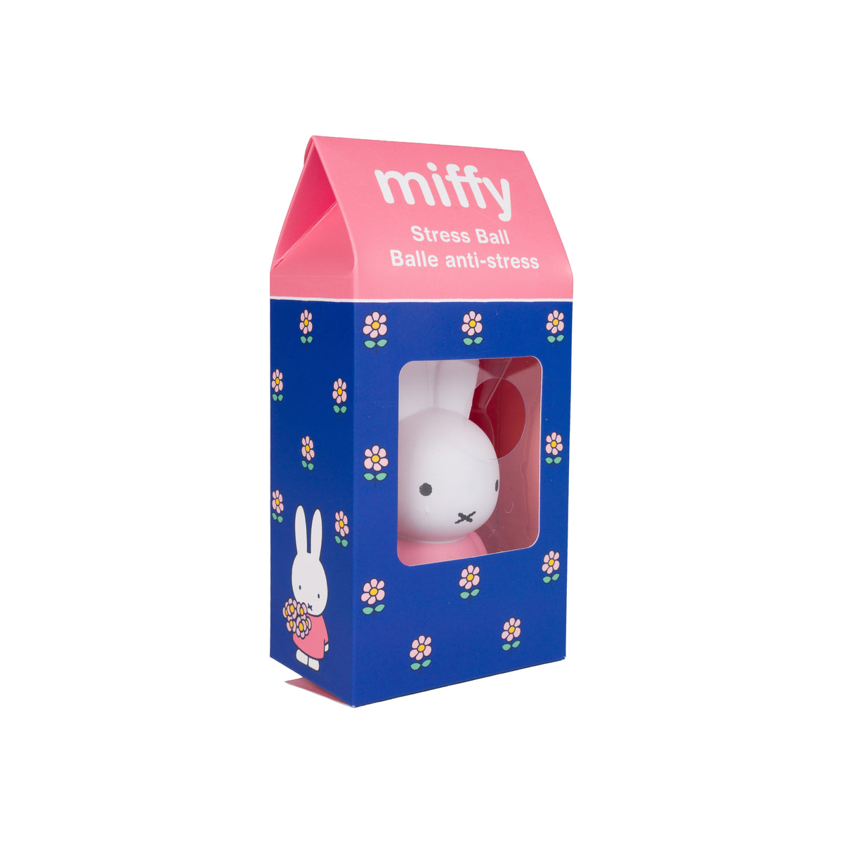 Miffy branded stress ball in its original packaging, featuring a white plush ball with a black face inside a blue and pink carton-style box decorated with small flowers and Miffy illustrations.