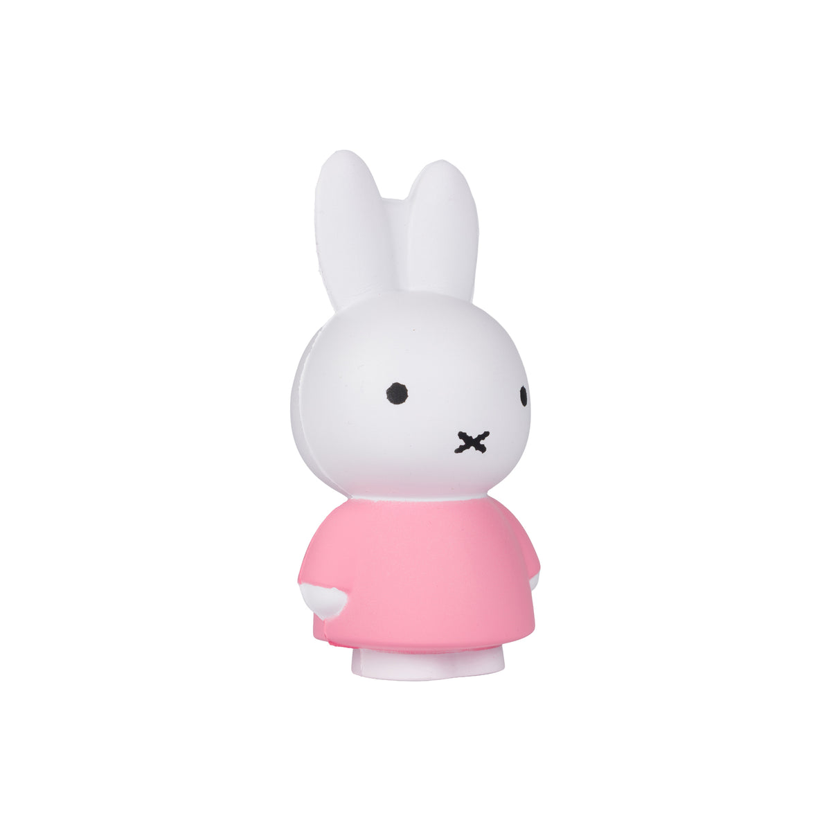 A white Miffy-shaped stress ball with long ears, simple black facial features, and a pink dress, centered on a plain white background.