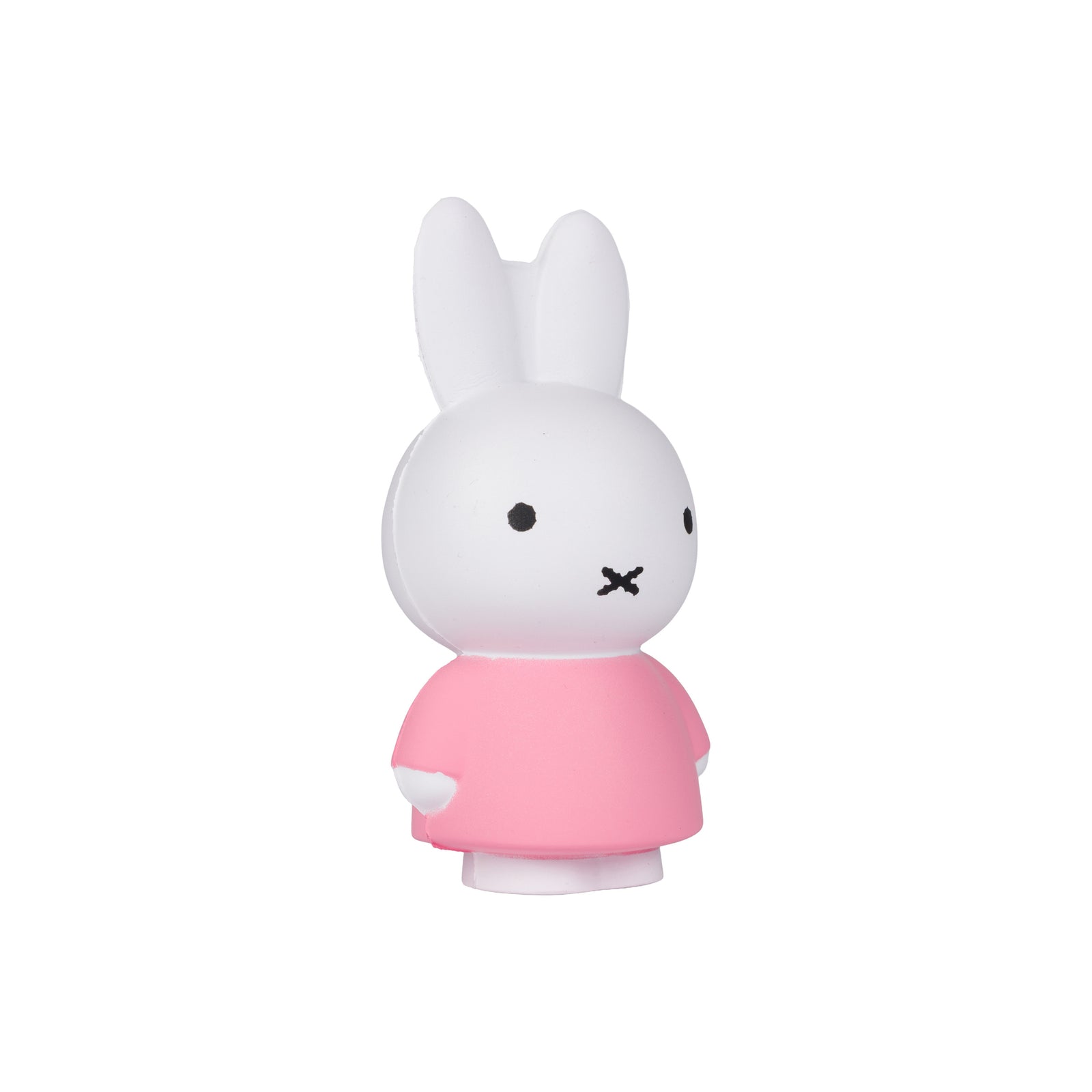 A white Miffy-shaped stress ball with long ears, simple black facial features, and a pink dress, centered on a plain white background.