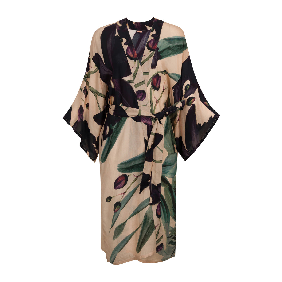 A beige kimono-style robe with a wide collar, flowing sleeves, and a self-tie belt, featuring an all-over olive branch and olive print in dark green and deep purple-black tones.