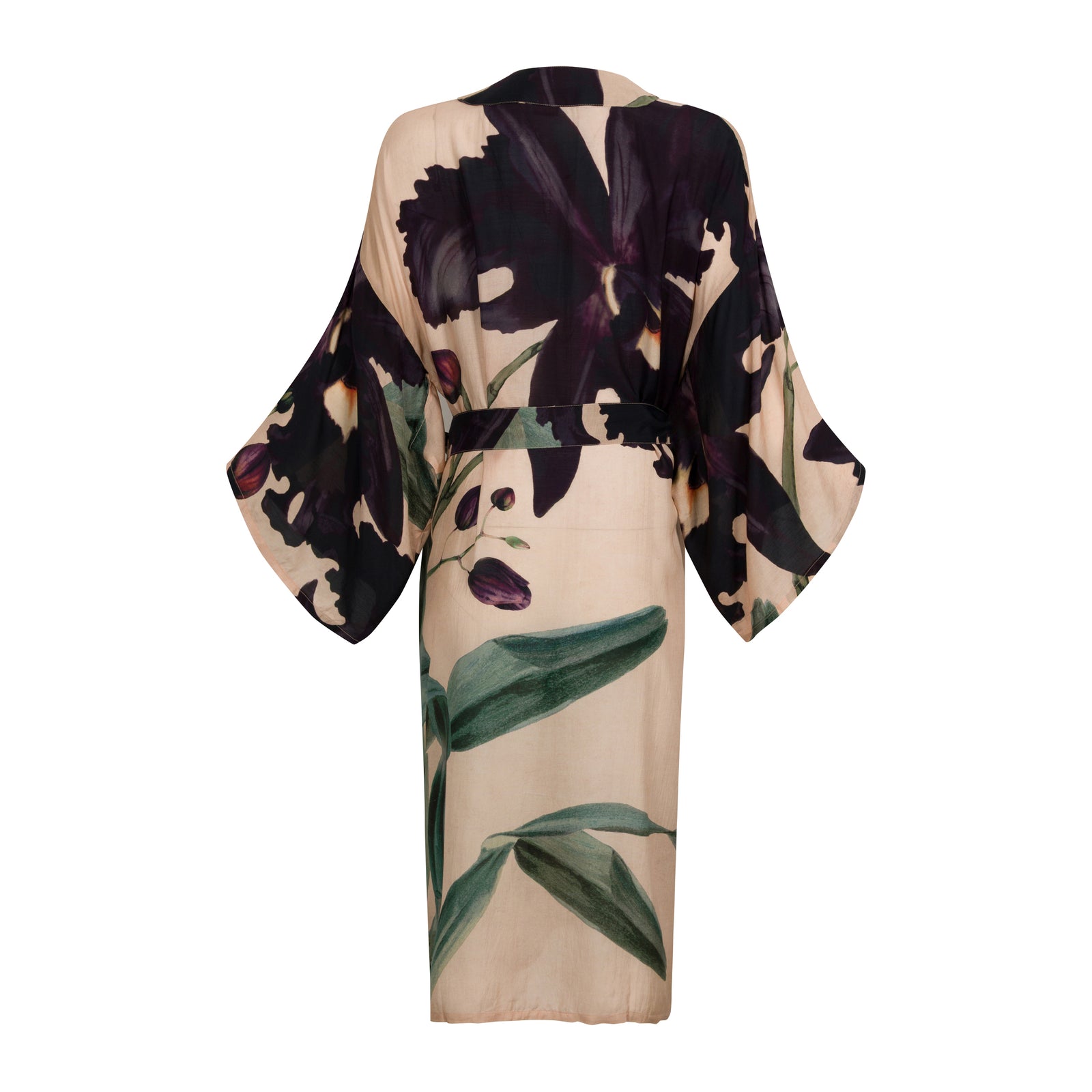 A beige kimono-style robe with a wide collar, flowing sleeves, and a self-tie belt, featuring an all-over olive branch and olive print in dark green and deep purple-black tones.