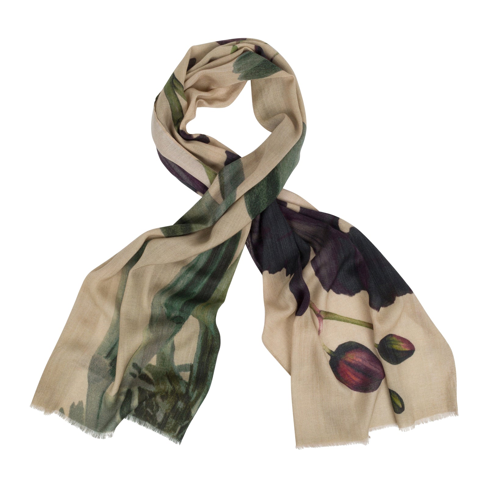 A lightweight beige scarf with a botanical print featuring dark green leaves and dark purple flowers, displayed on a clean white background.