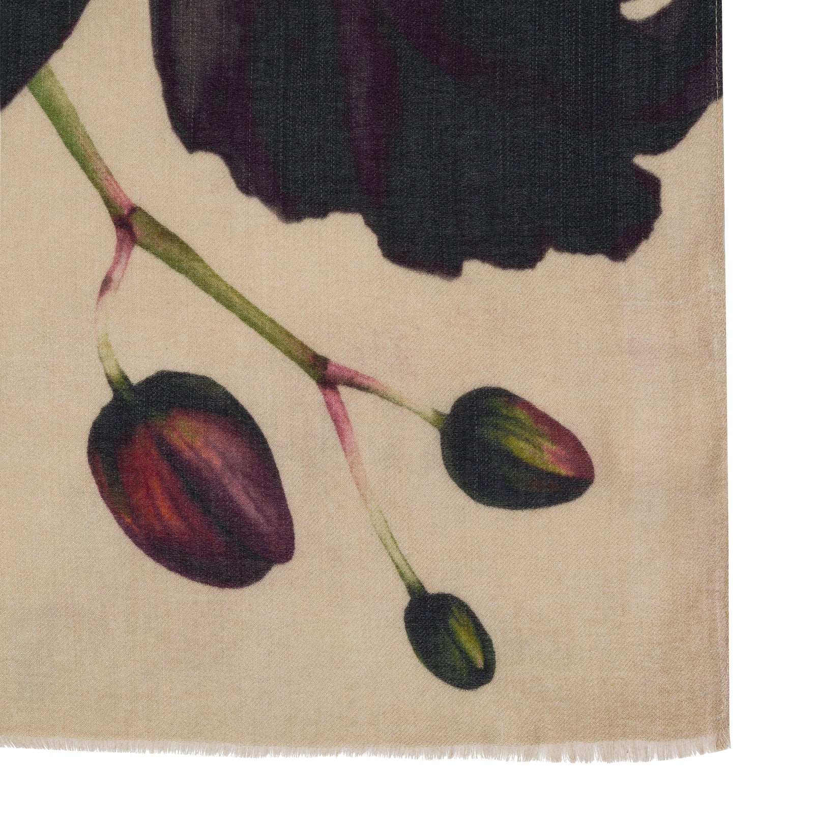 A lightweight beige scarf with a botanical print featuring dark green leaves and dark purple flowers, displayed on a clean white background.