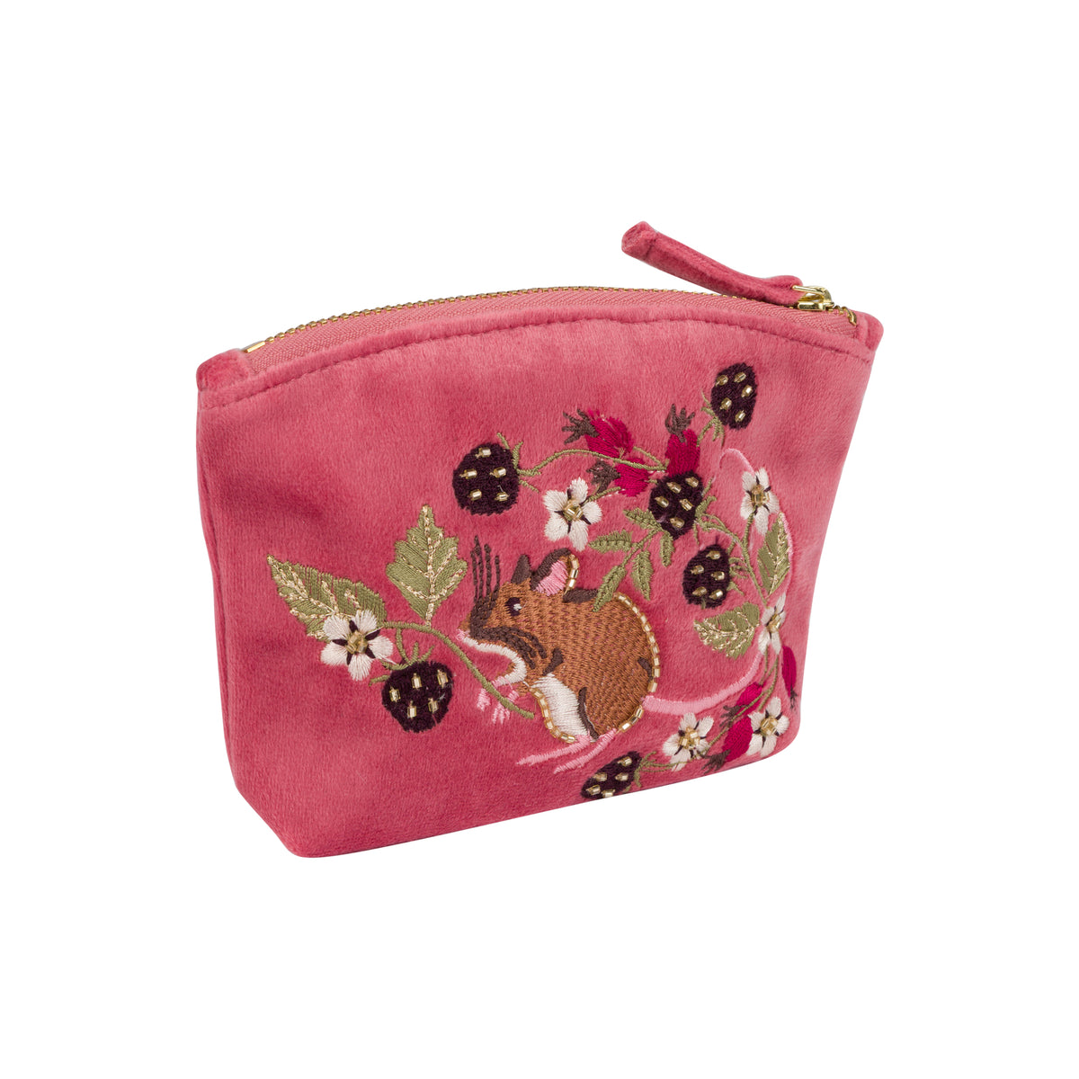 A pink velvet zippered pouch featuring an embroidered design of a brown mouse surrounded by blackberries, white flowers, and green leaves, shown on a plain white background.
