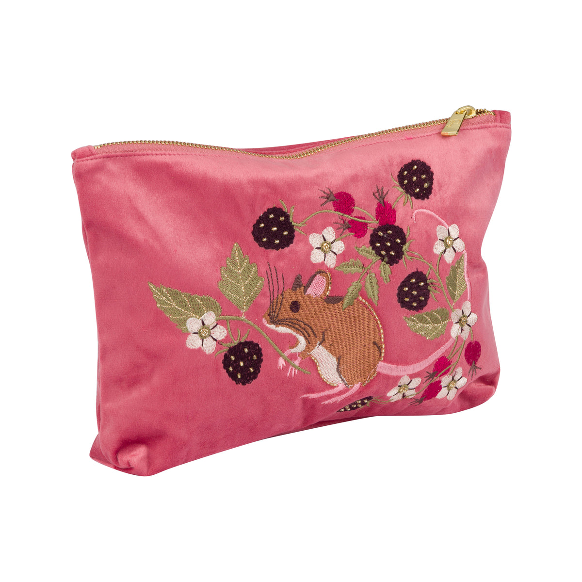 A pink velvet cosmetic pouch with a gold zipper, featuring an embroidered design of a brown mouse surrounded by blackberries, white flowers, and green leaves.