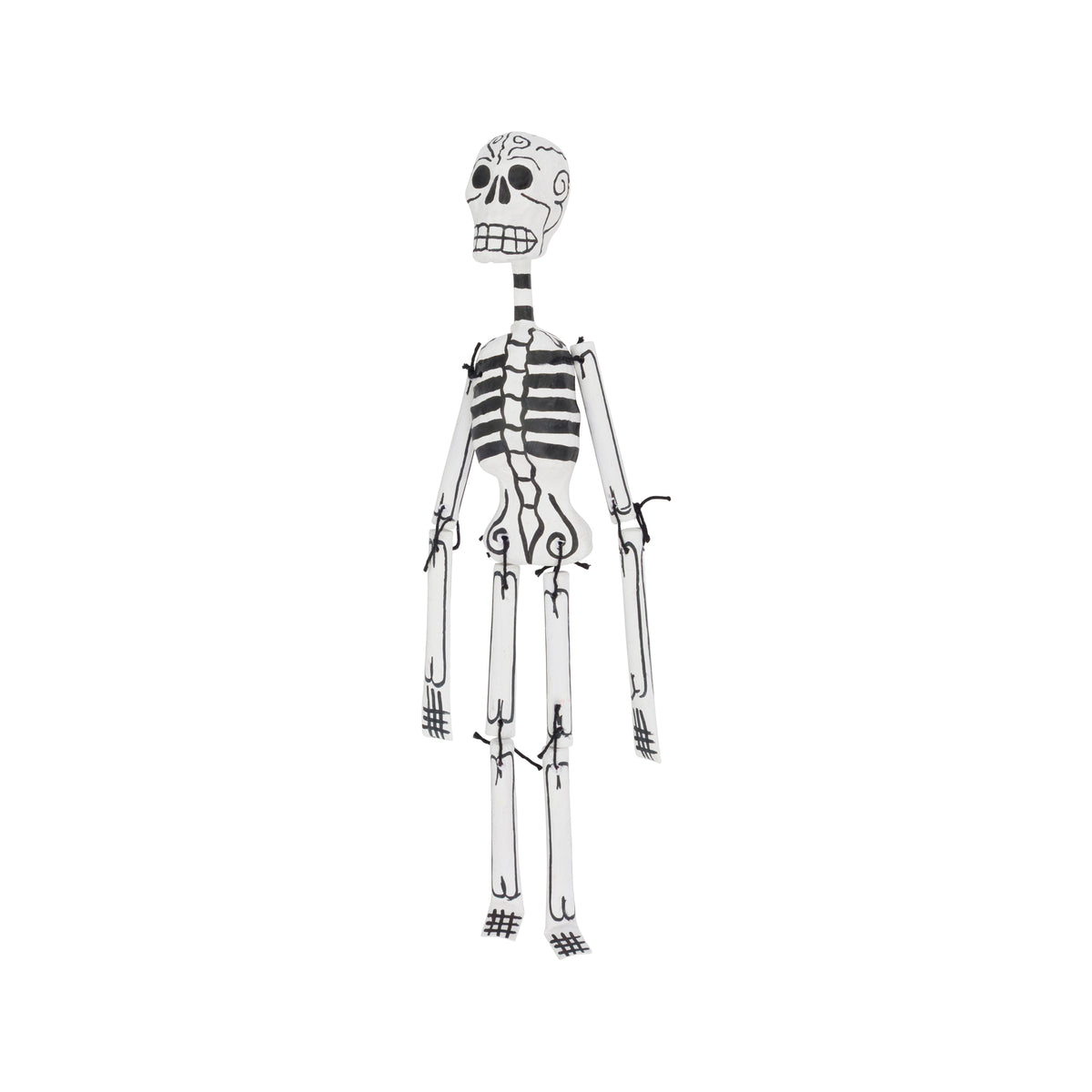 Articulated Day of the Dead style papier mache skeleton figurine on a white background.