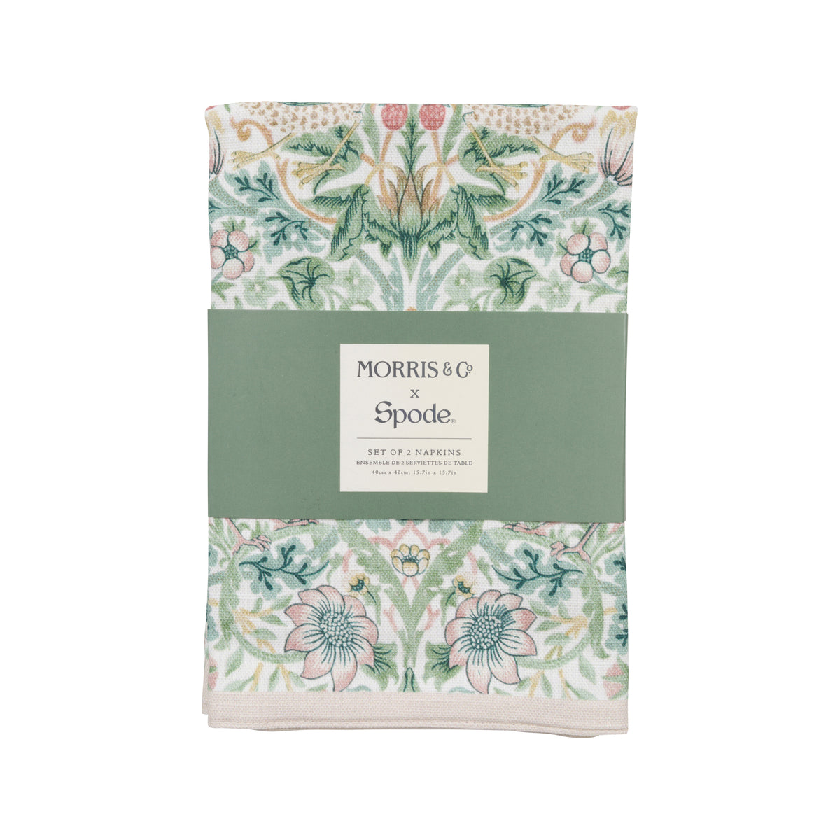 Set of two floral napkins with Morris & Co branding on a white background