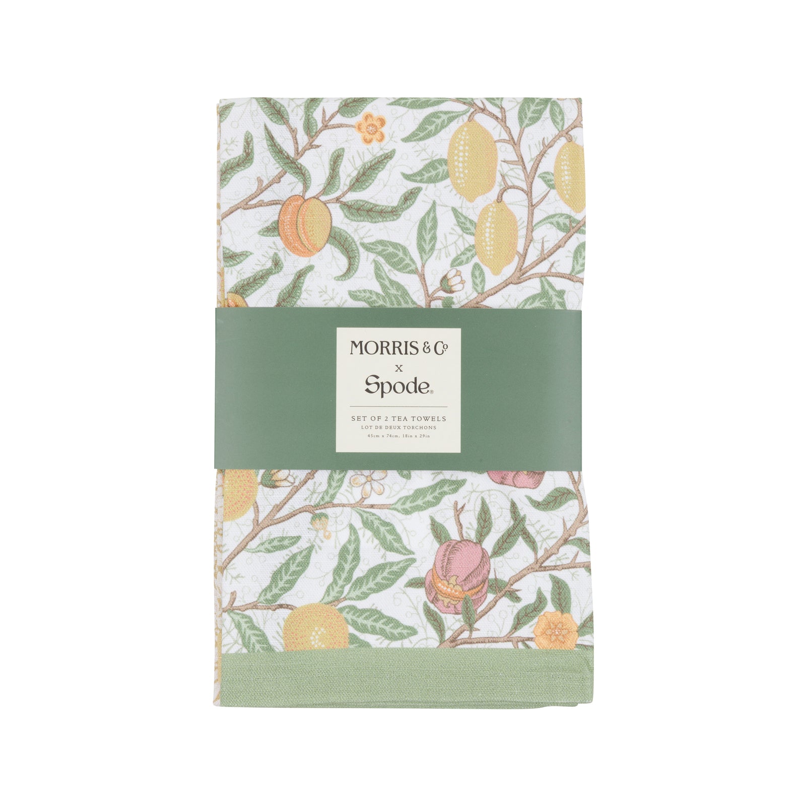 Two William Morris designed floral-patterned tea towels on a white background