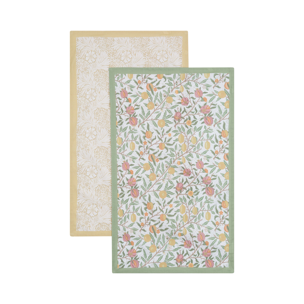 Two William Morris designed floral-patterned tea towels on a white background