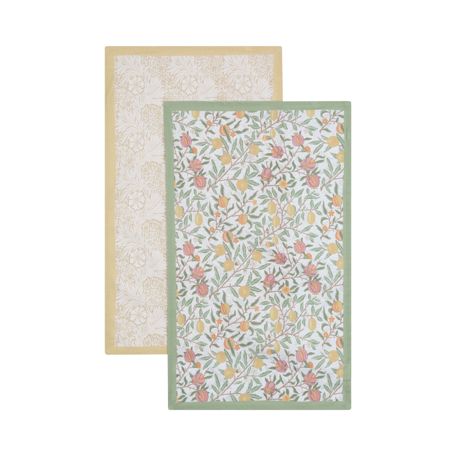 Two William Morris designed floral-patterned tea towels on a white background