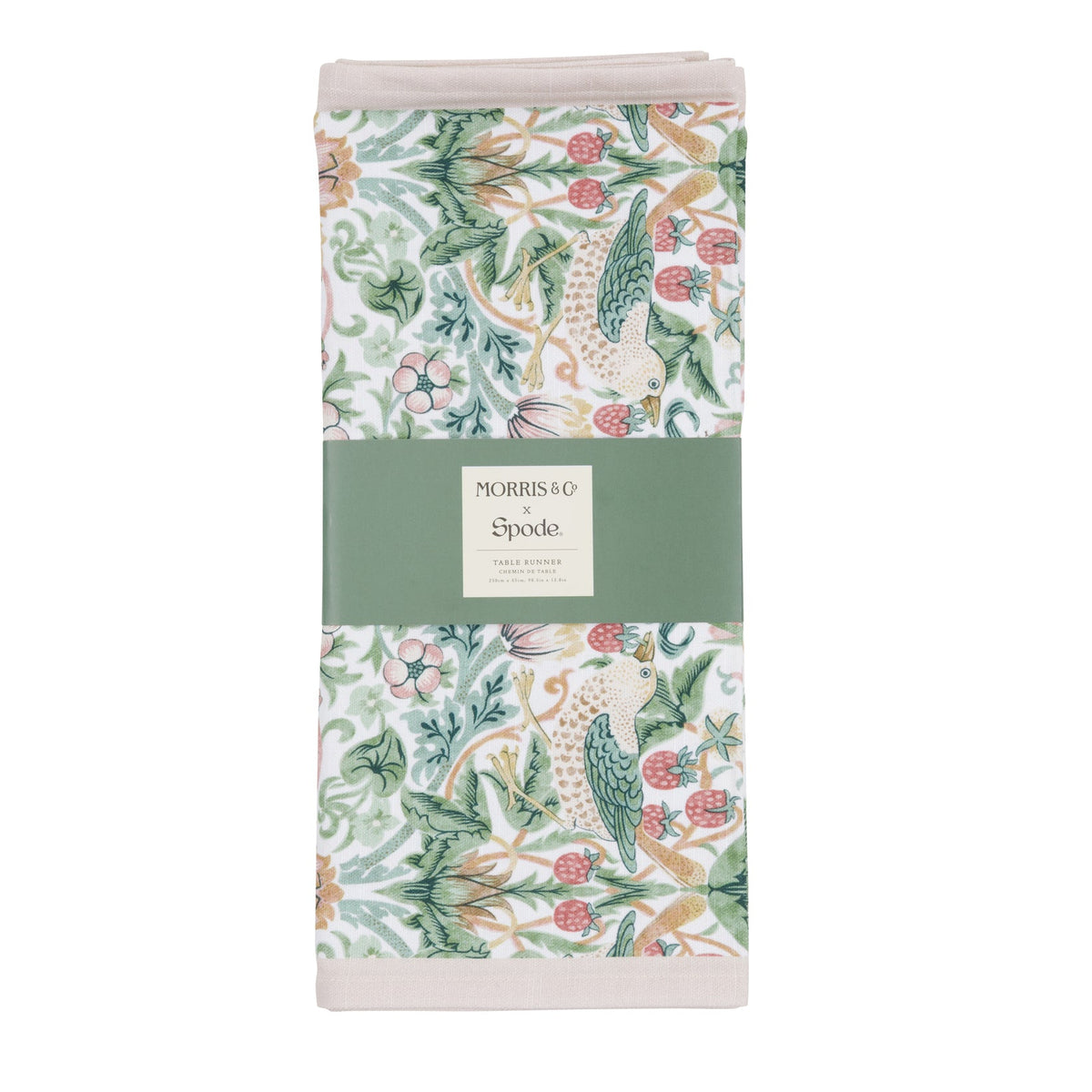 Floral and nature-themed William Morris Strawberry Thief print table runner with a white border on a white background