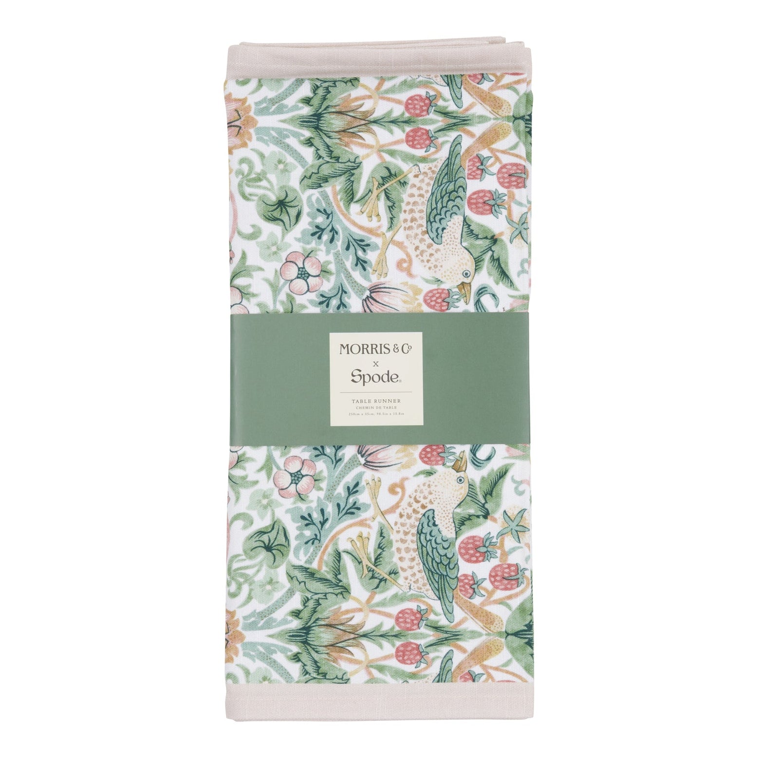 Floral and nature-themed William Morris Strawberry Thief print table runner with a white border on a white background