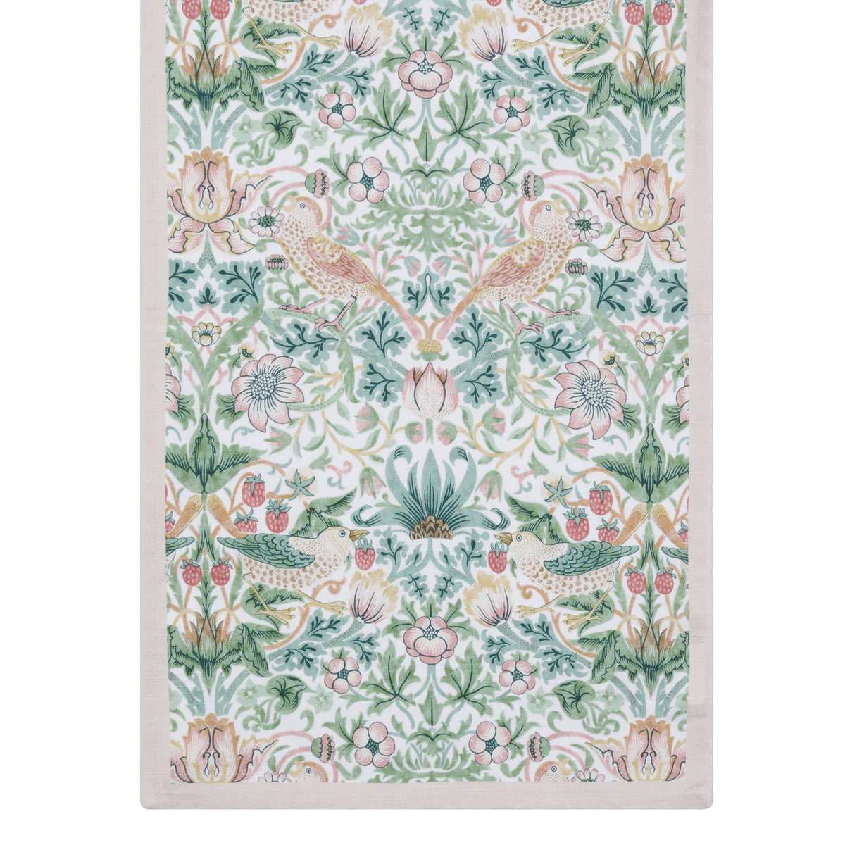 Floral and nature-themed William Morris Strawberry Thief print table runner with a white border on a white background