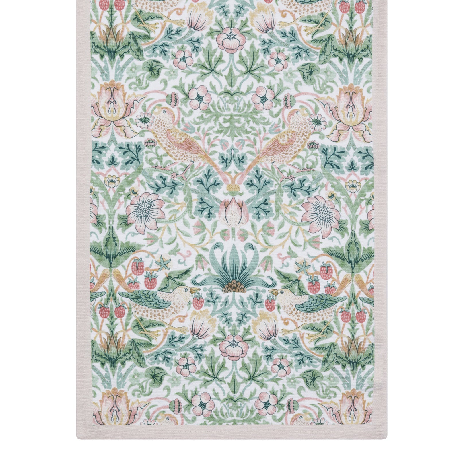 Floral and nature-themed William Morris Strawberry Thief print table runner with a white border on a white background