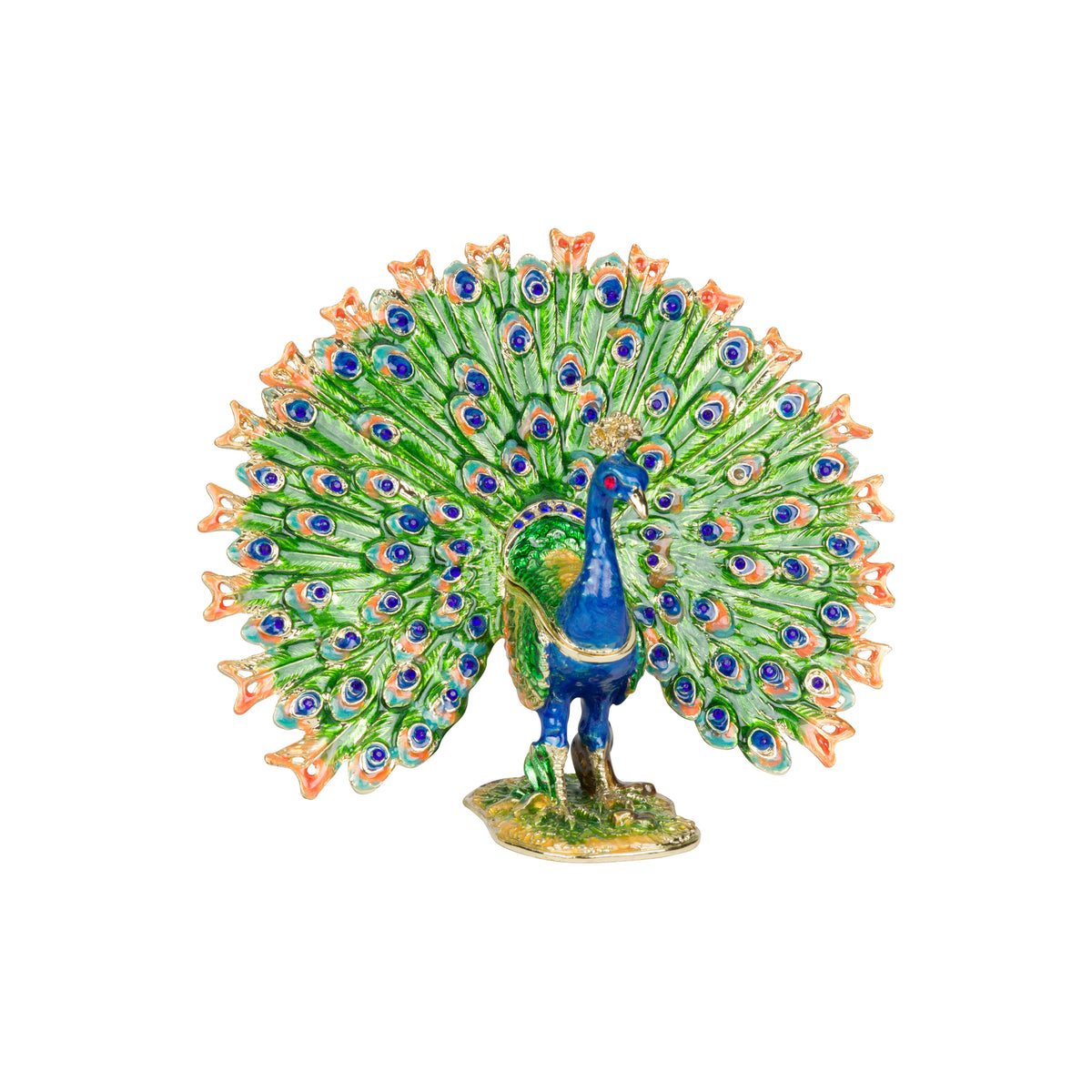 A decorative peacock trinket box figurine with a vibrant green fanned tail, blue body, and orange eye-spots, standing on a small gold base against a plain white background.