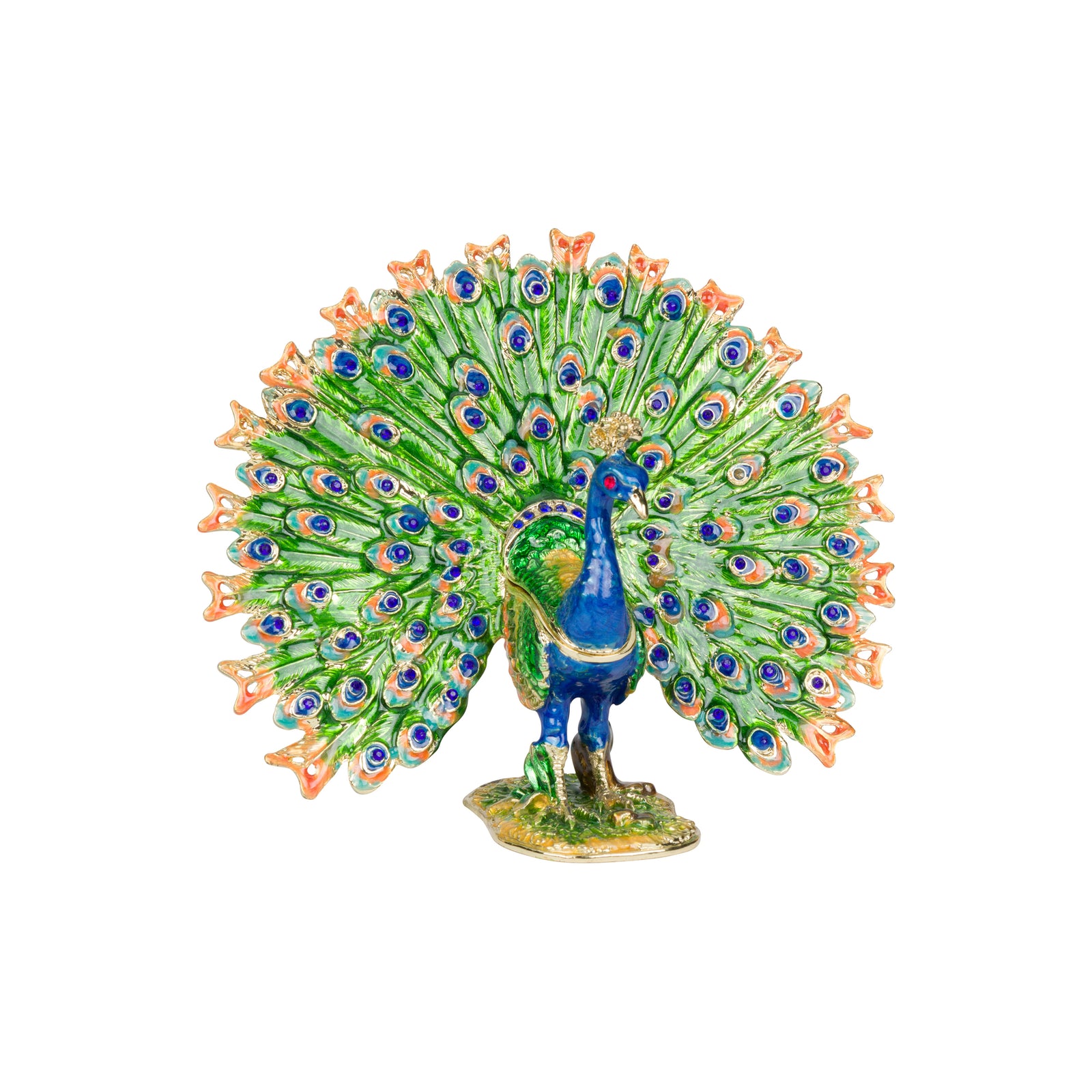 A decorative peacock trinket box figurine with a vibrant green fanned tail, blue body, and orange eye-spots, standing on a small gold base against a plain white background.