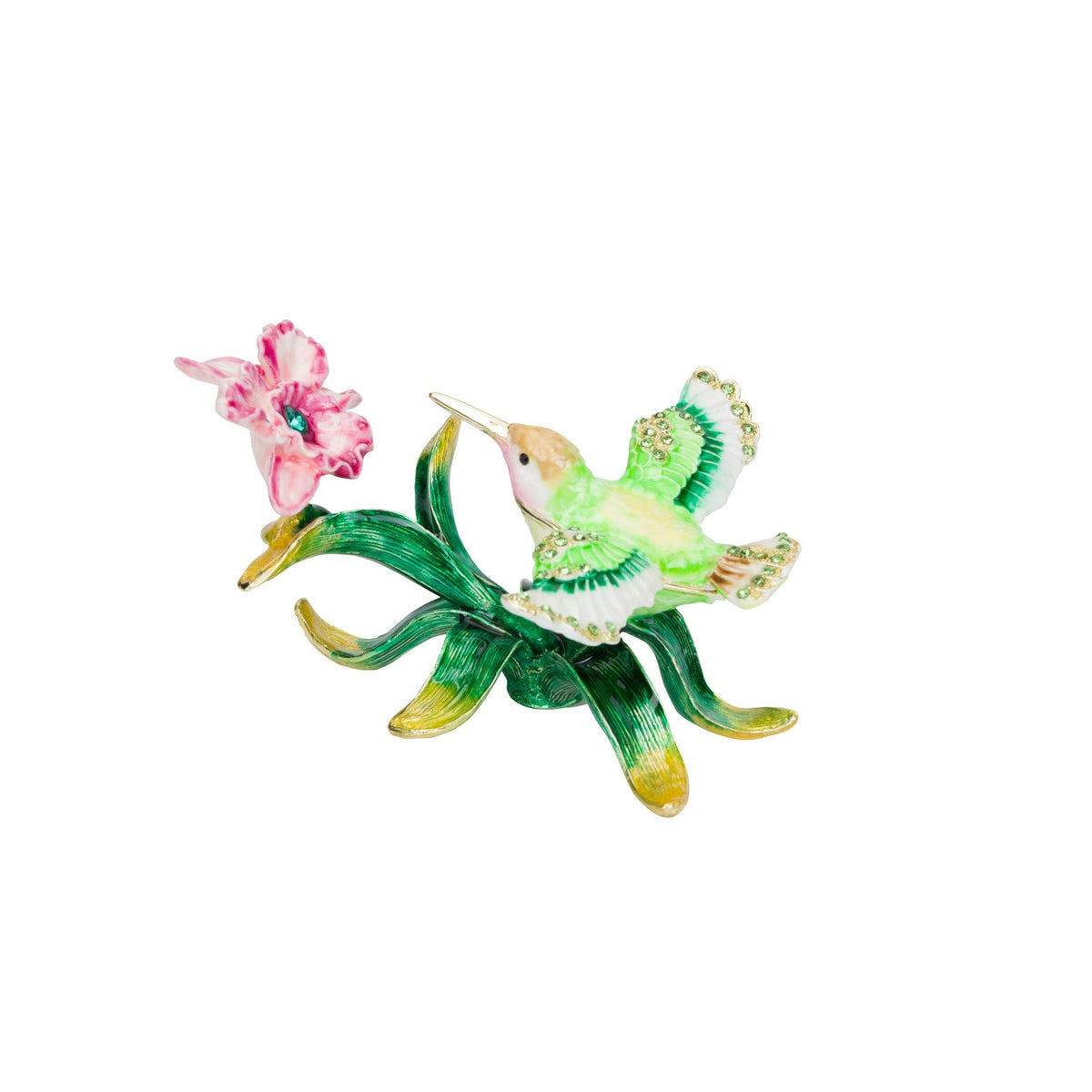 A small decorative trinket box featuring a green hummingbird with pink wings perched on a pink flower and green leafy stem, shown on a plain white background.