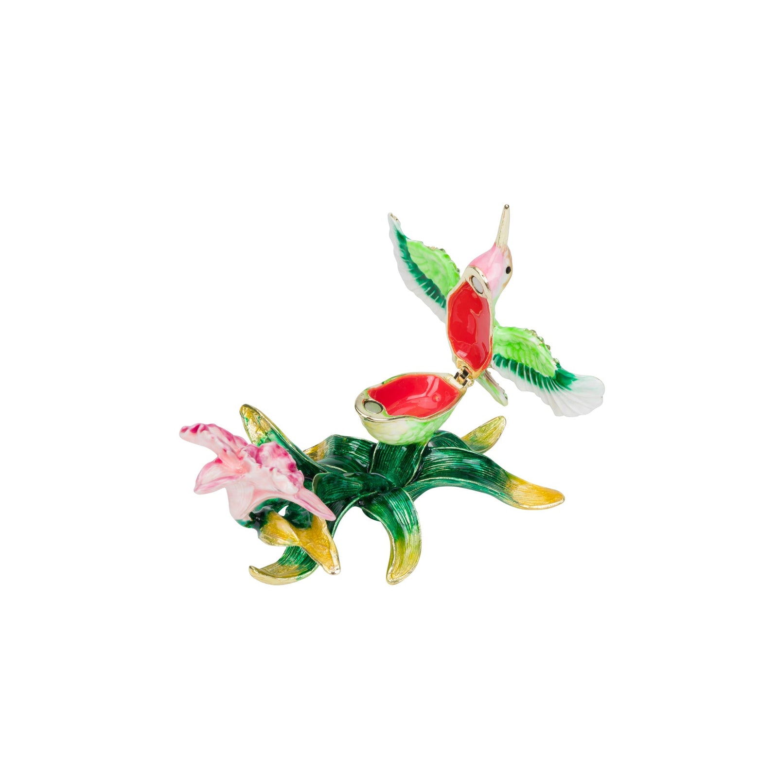 A small decorative trinket box featuring a green hummingbird with pink wings perched on a pink flower and green leafy stem, shown on a plain white background.