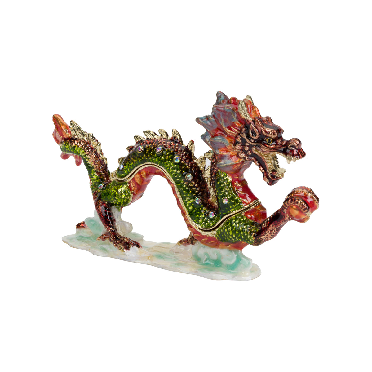 A trinket or pill box shaped like a traditional Chinese dragon on a white background.