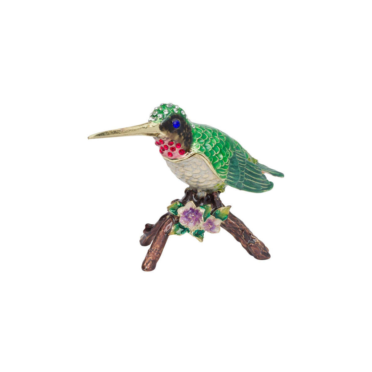 Decorative metal and enamel trinket box shaped like a hummingbird, embellished with diamante stones, on a white background.