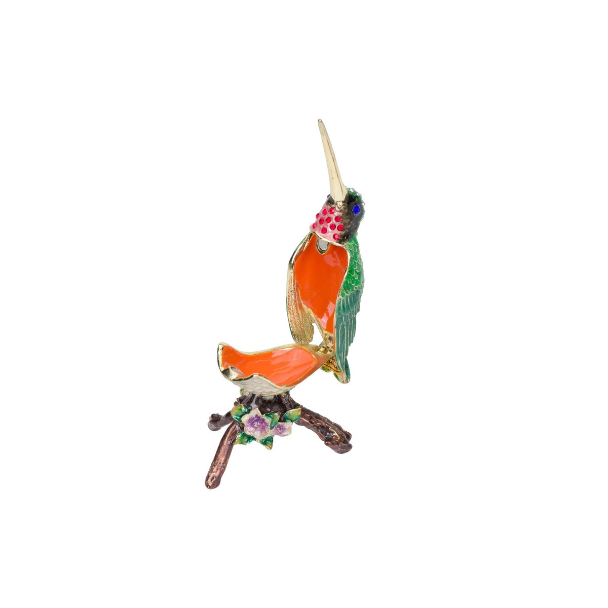 A colorful enamel bird figurine perched on a branch, featuring orange, green, pink, blue, and gold details, isolated on a white background.