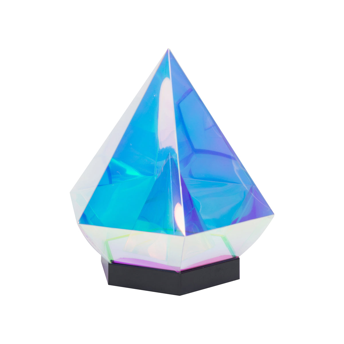 A faceted crystal-like pyramid lamp or decorative object with an iridescent blue, purple, and white surface, resting on a black hexagonal base against a plain white background.