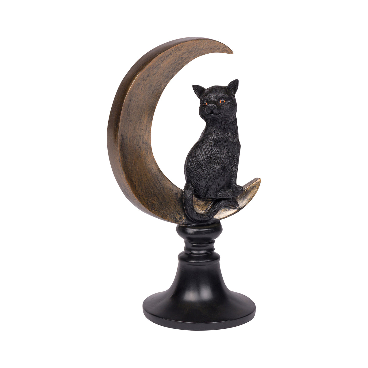 A decorative figurine of a black cat sitting on a crescent moon, mounted on a round black pedestal base, shown against a plain white background.