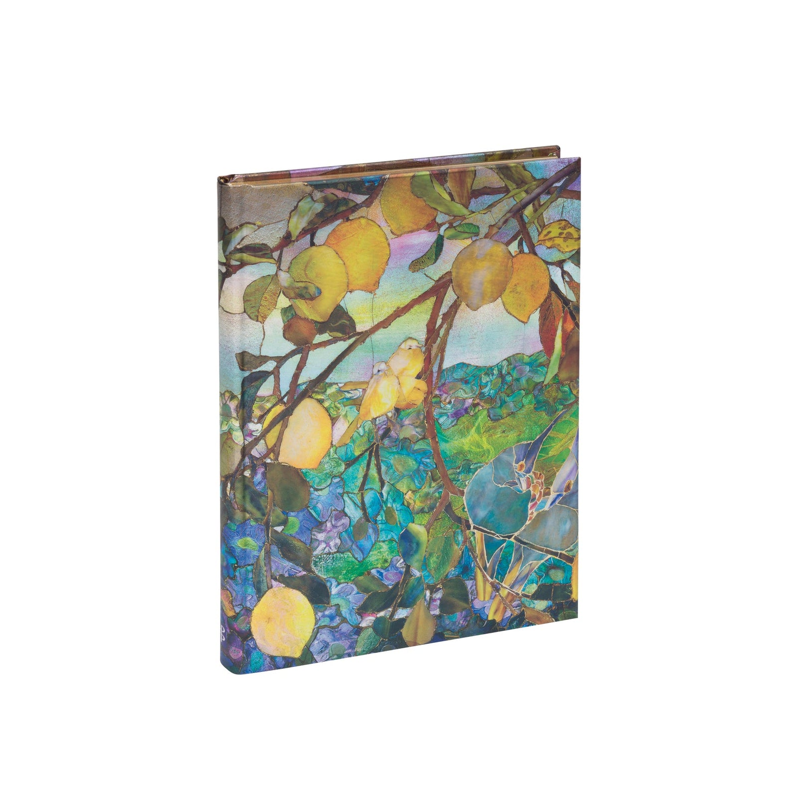 A hardcover notebook or journal featuring an impressionistic painting of lemons on a tree, shown at an angle against a plain white background.