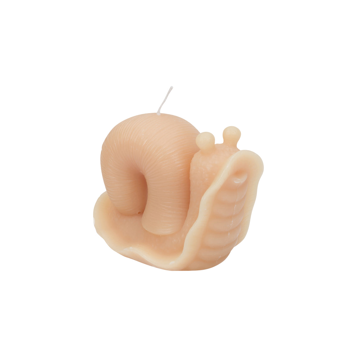 A novelty snail-shaped candle in a pale peach-beige color, featuring a textured shell and a small wick at the top, isolated on a white background.