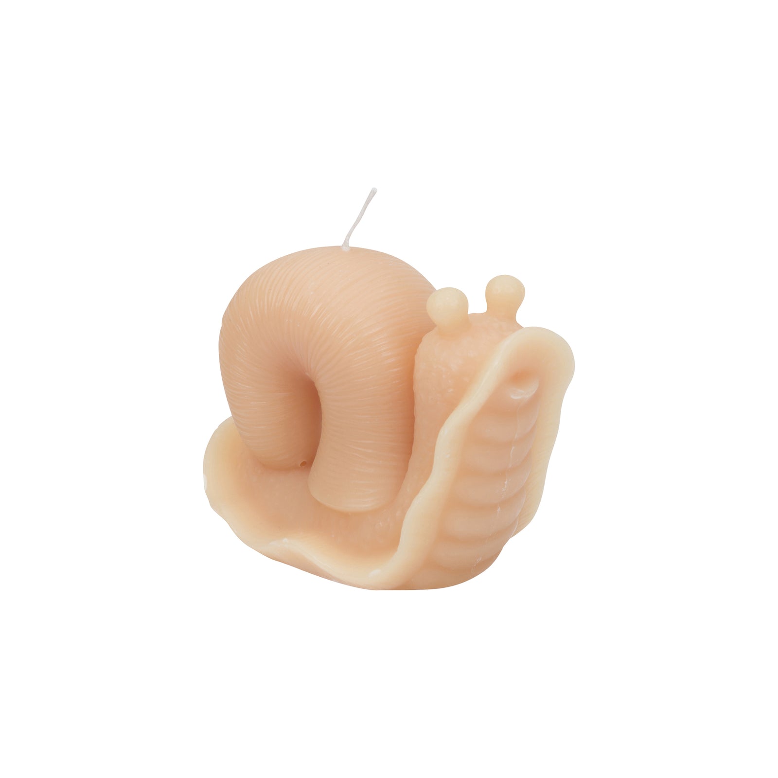 A novelty snail-shaped candle in a pale peach-beige color, featuring a textured shell and a small wick at the top, isolated on a white background.