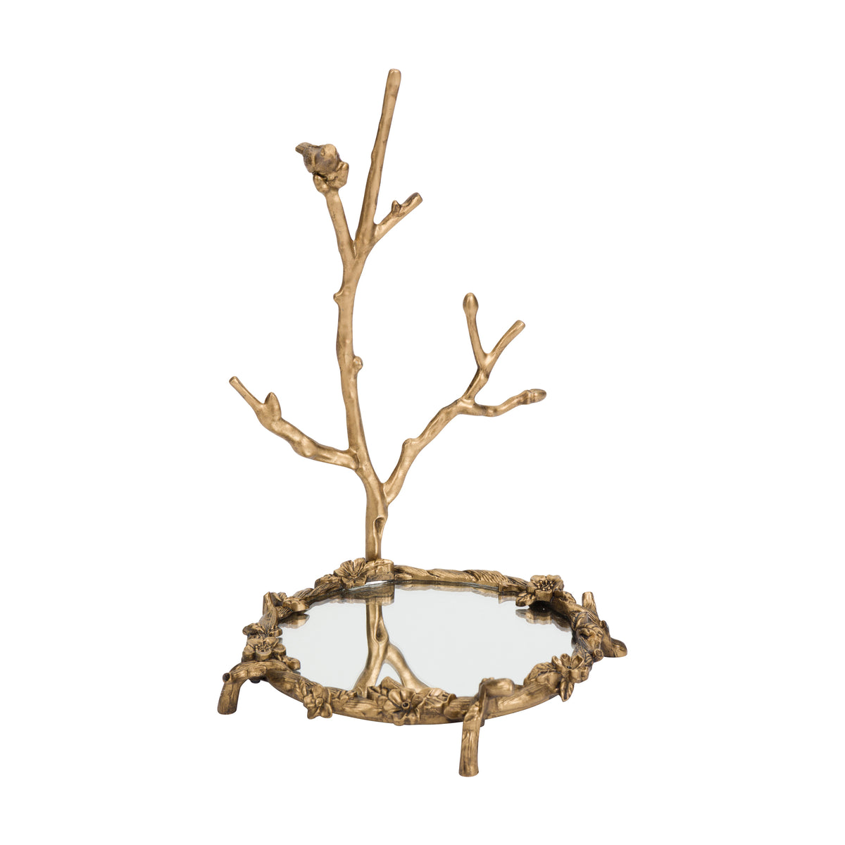A gold tone jewelry stand, shaped like a branch with birds and a mirrored base, on a white background.