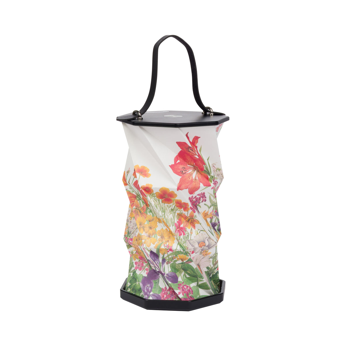 A collapsible origami paper lantern with a black handle and trim, featuring a vibrant multicolor wildflower print on a white background.