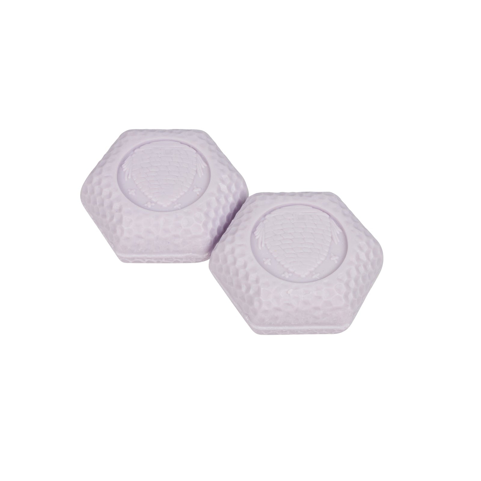 A lavender honey soap gift set by Baudelaire, featuring two round white textured soap bars in a light lavender box with a floral-patterned lid.