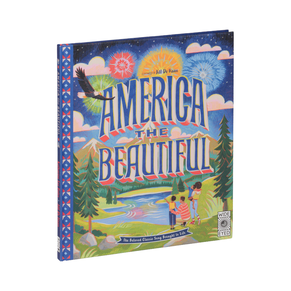 Colorful book titled 'America the Beautiful' with nature-themed illustrations on a white background