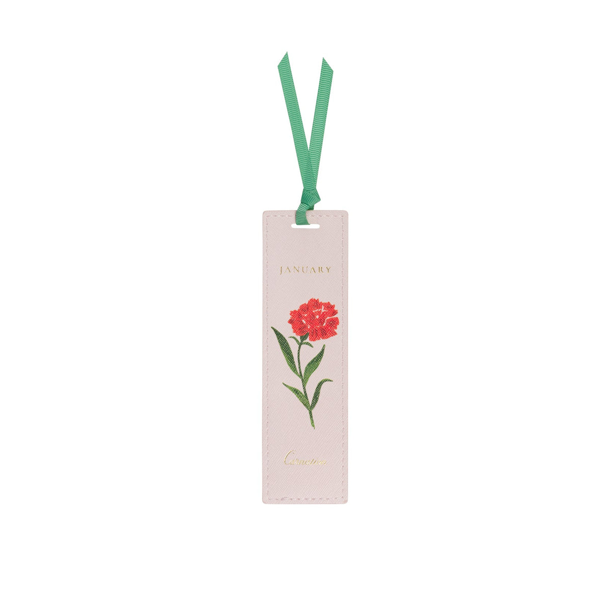 A pale blush pink leather bookmark with a green ribbon loop, featuring a red carnation illustration and the month 'JANUARY' printed in gold.