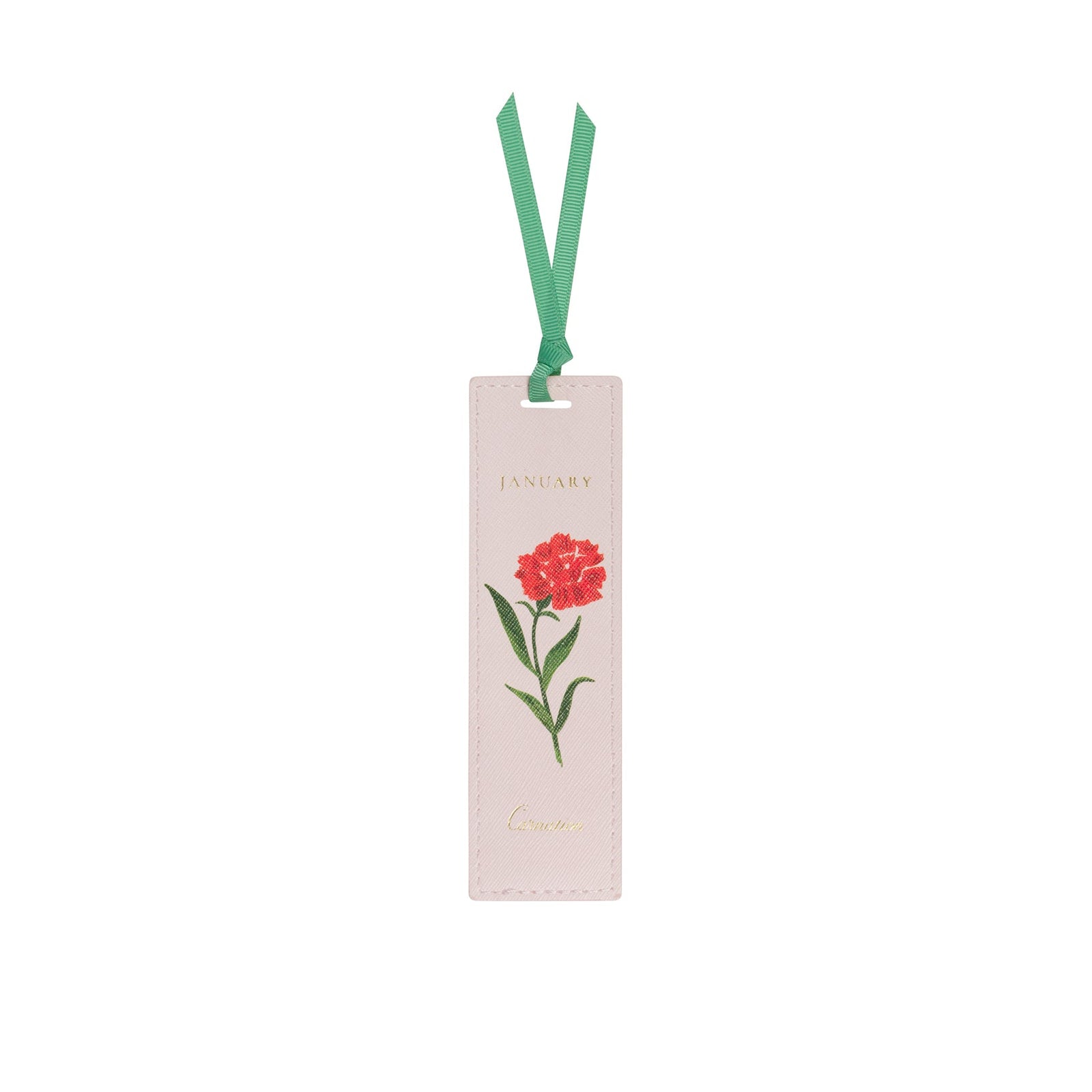 A pale blush pink leather bookmark with a green ribbon loop, featuring a red carnation illustration and the month 'JANUARY' printed in gold.