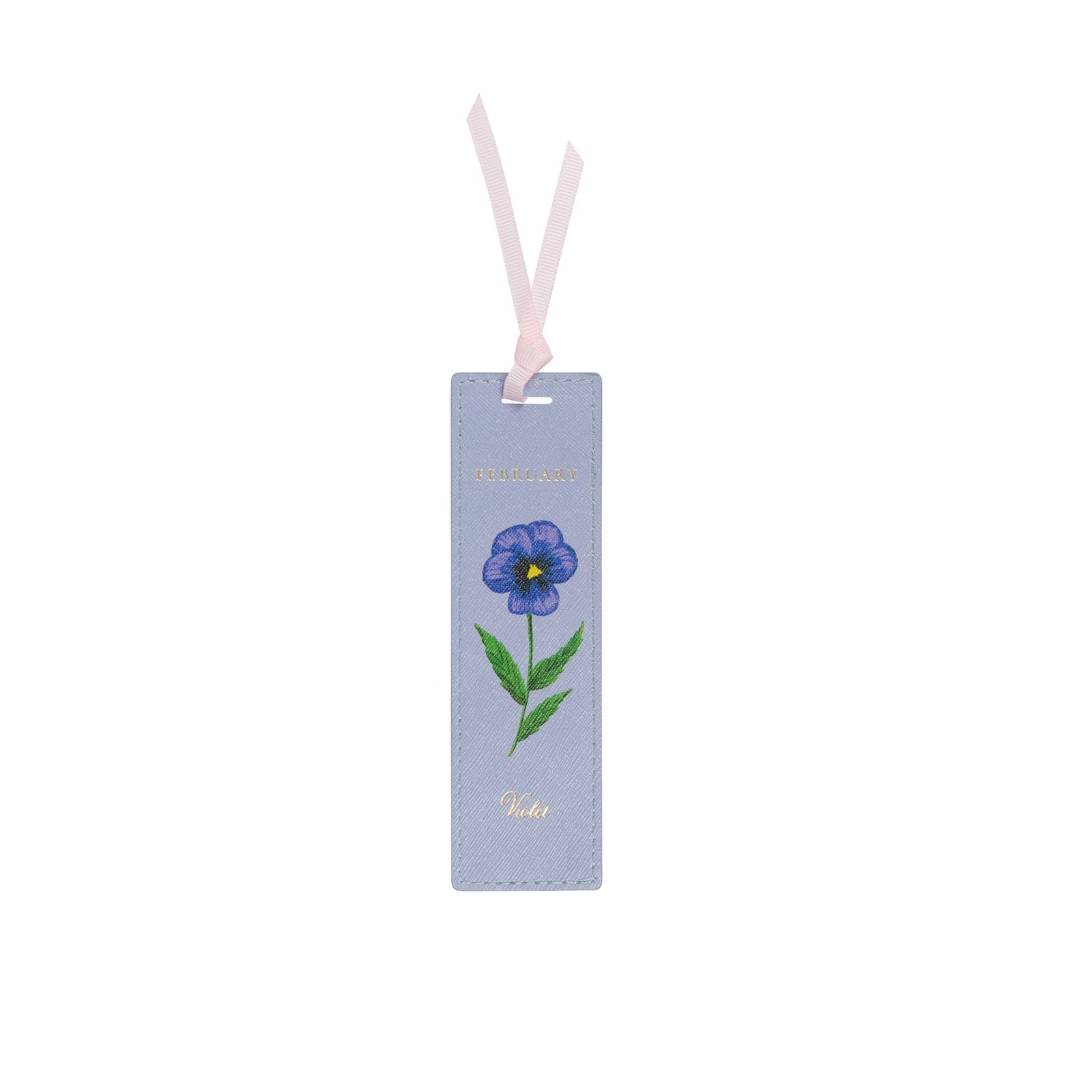 A pale blush pink leather bookmark with a green ribbon loop, featuring a red carnation illustration and the month 'JANUARY' printed in gold.