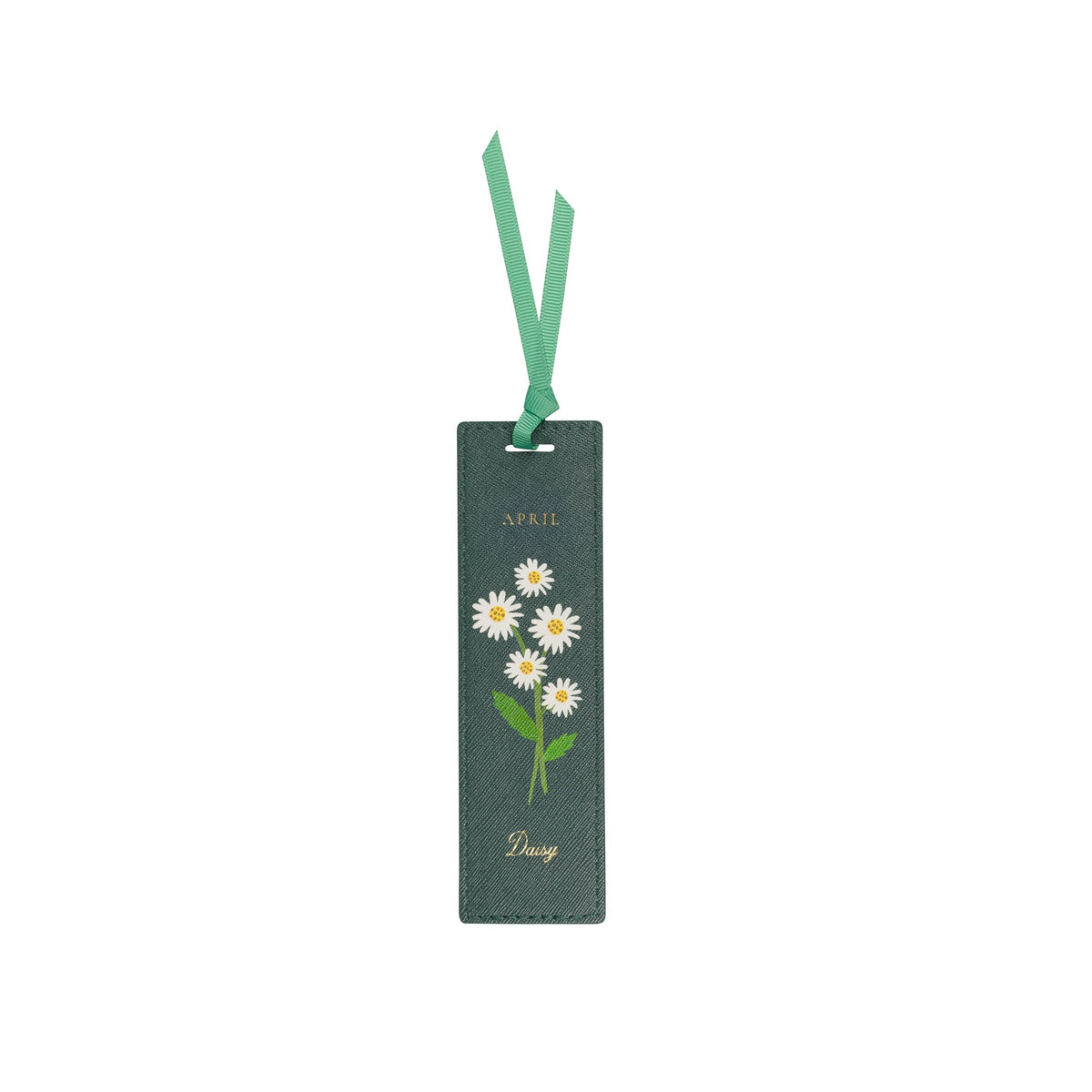 A dark green rectangular paper bookmark with a mint green ribbon loop at the top. The bookmark features an illustration of white daisies with yellow centers and green stems, with the text 'APRIL' at the top and 'Daisy' at the bottom.