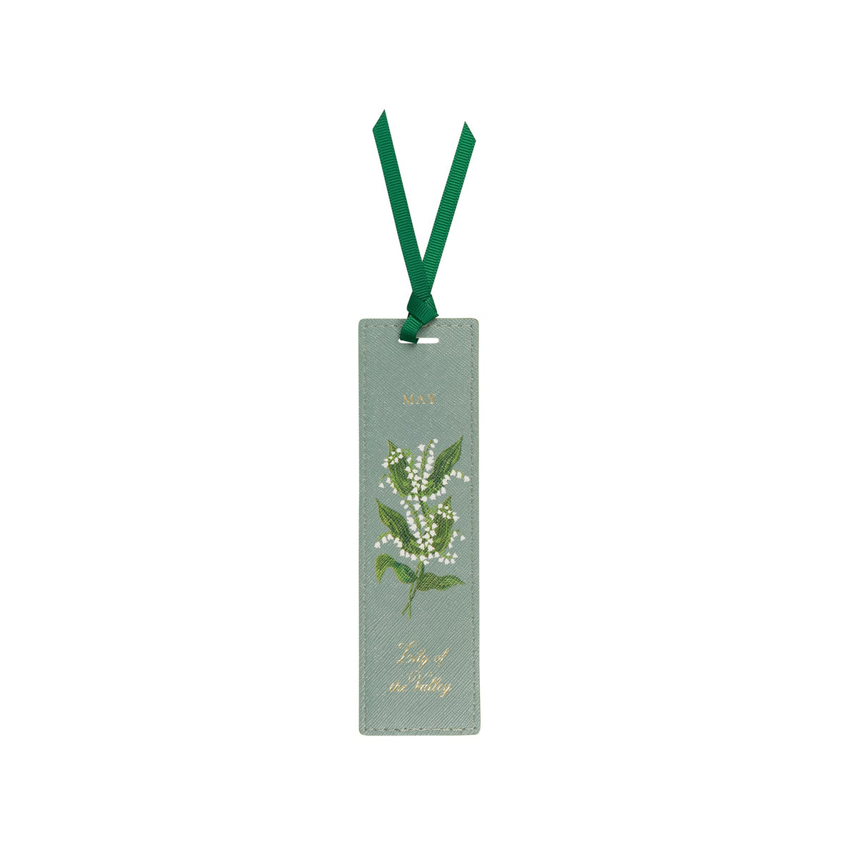 A rectangular sage green bookmark with a green ribbon loop at the top, featuring an illustration of lily of the valley flowers and gold text reading 'Lily of the Valley' and 'May 1st'.