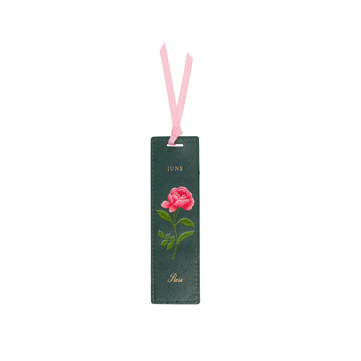 A dark green rectangular leather bookmark with a pink rose illustration, gold foil text reading 'JUNE' and 'Hee', and a light pink ribbon loop at the top, shown on a plain white background.