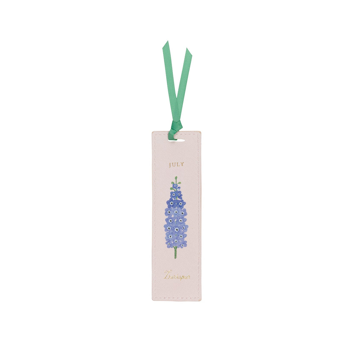 A rectangular light pink leather bookmark with a green ribbon loop, featuring a blue-purple delphinium illustration and the word 'JULY' on a plain white background.