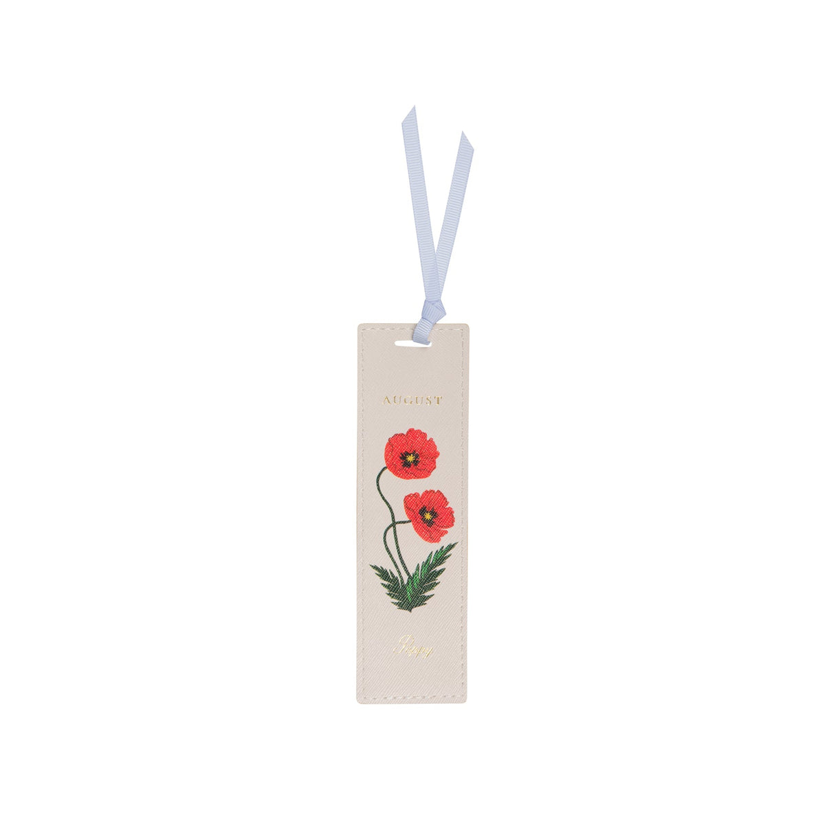 A cream-colored paper bookmark featuring an illustration of two red poppies with green leaves, suspended from a light blue ribbon on a solid white background.