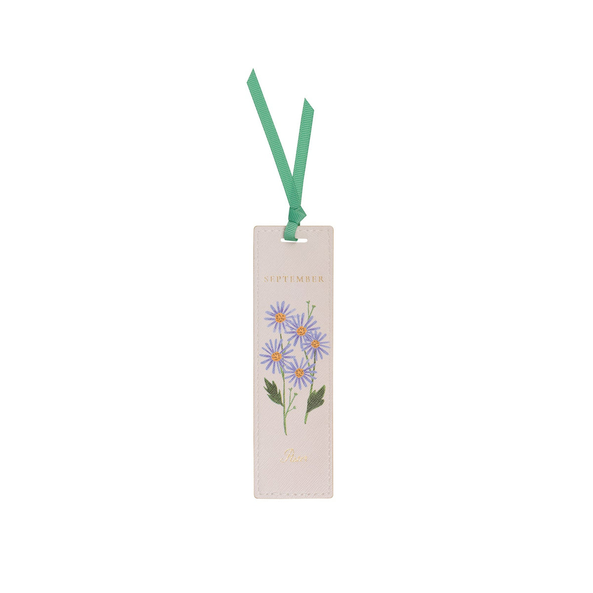 A vertical rectangular paper bookmark with a light blush pink background, featuring an illustration of blue and yellow daisies with green leaves. The word 'SEPTEMBER' is printed at the top, and the brand name 'Bouclier' is visible in gold script at the bottom.