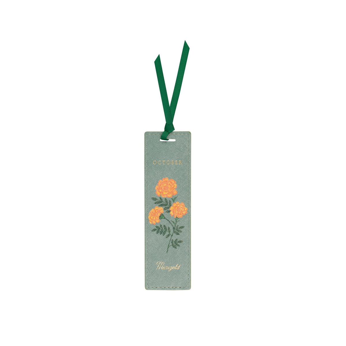 A rectangular sage green paper bookmark with a dark green ribbon loop, featuring an illustration of orange marigold flowers and gold foil text, shown on a plain white background.