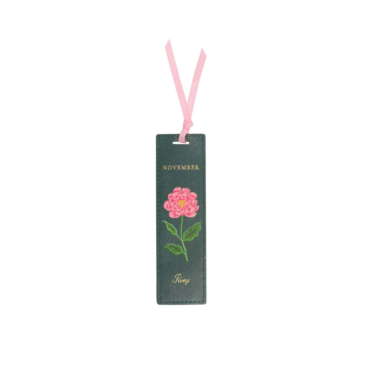 A dark green leather bookmark with a pink flower illustration, gold foil text reading 'NOVEMBER' and 'Hong', and a light pink ribbon loop at the top, shown on a plain white background.